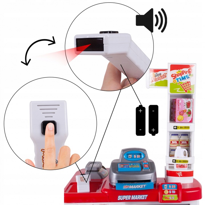 Supermarket cu casa de marcat si carucior de cumparaturi si accesorii