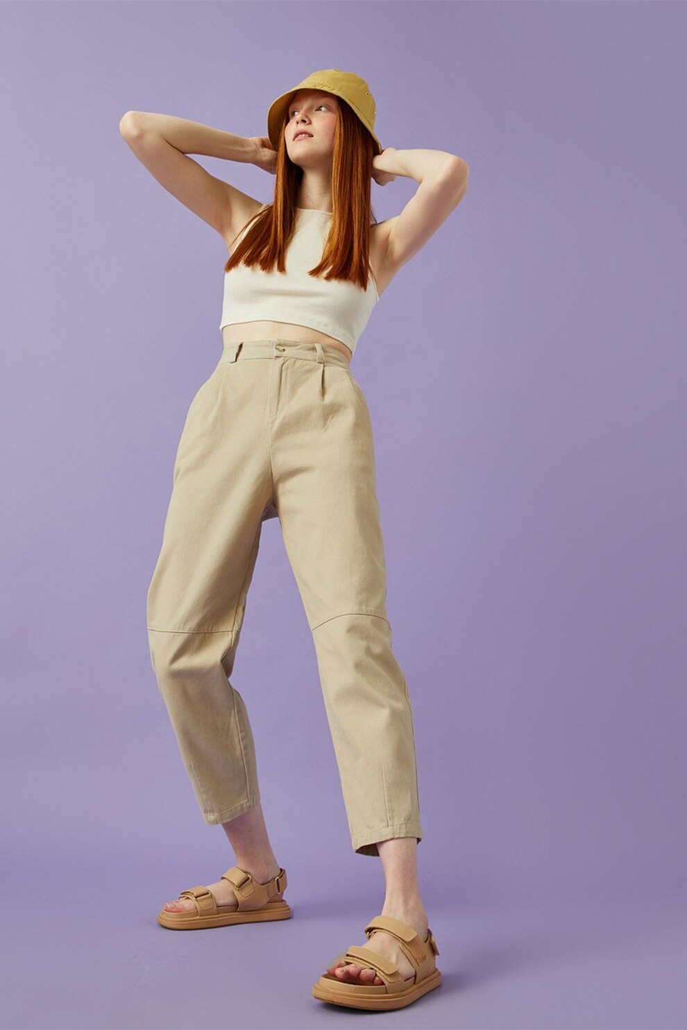 KOTON, Pantaloni crop cu talie inalta, Cafeniu, XL