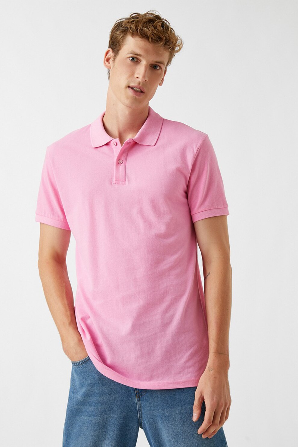 KOTON, Tricou polo din bumbac, Roz pastel, S
