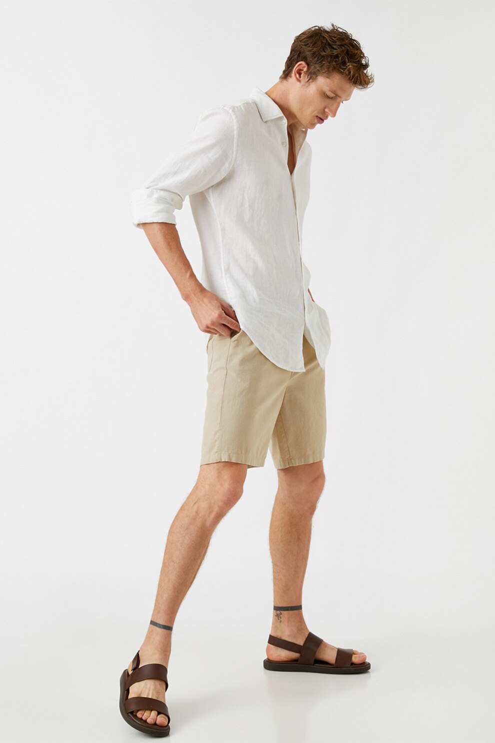 KOTON, Pantaloni scurti din amestec de in cu snur de ajustare, Maro camel