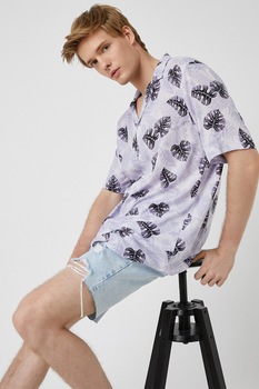 KOTON, Camasa cu maneci scurte si imprimeu, albastru azur, alb, XS KOTON, Camasa cu maneci scurte si imprimeu, albastru azur, alb, XS