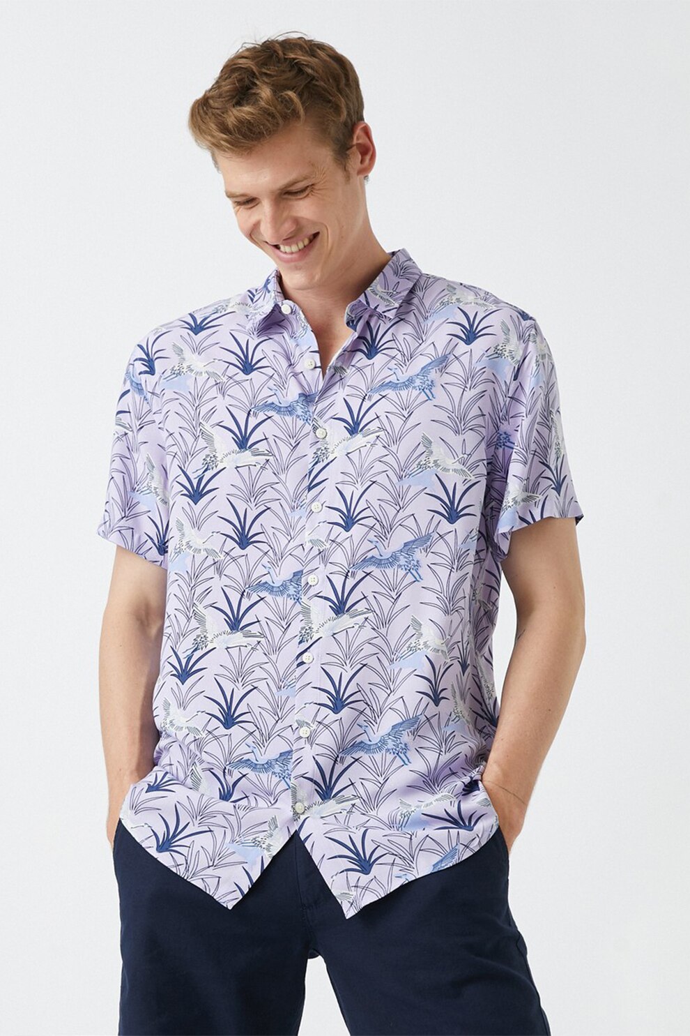 KOTON, Camasa cu maneci scurte si imprimeu, Albastru/Alb, S