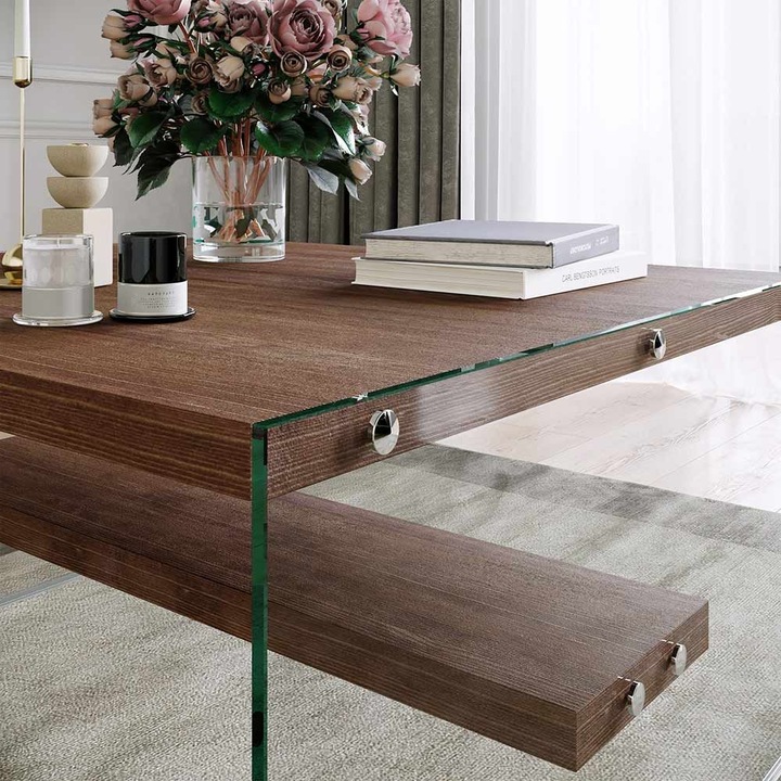 Masuta cafea cu depozitare dustin,75x75x40 cm,nuc,cadru sticla securizata,blat lemn solid