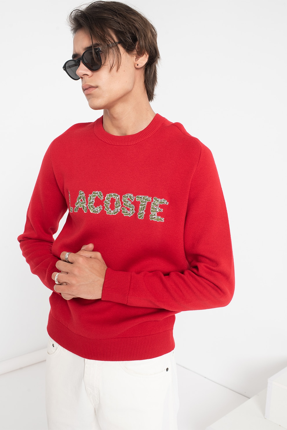 Lacoste, Pulover din amestec de lana cu logo brodat, Rosu/Verde