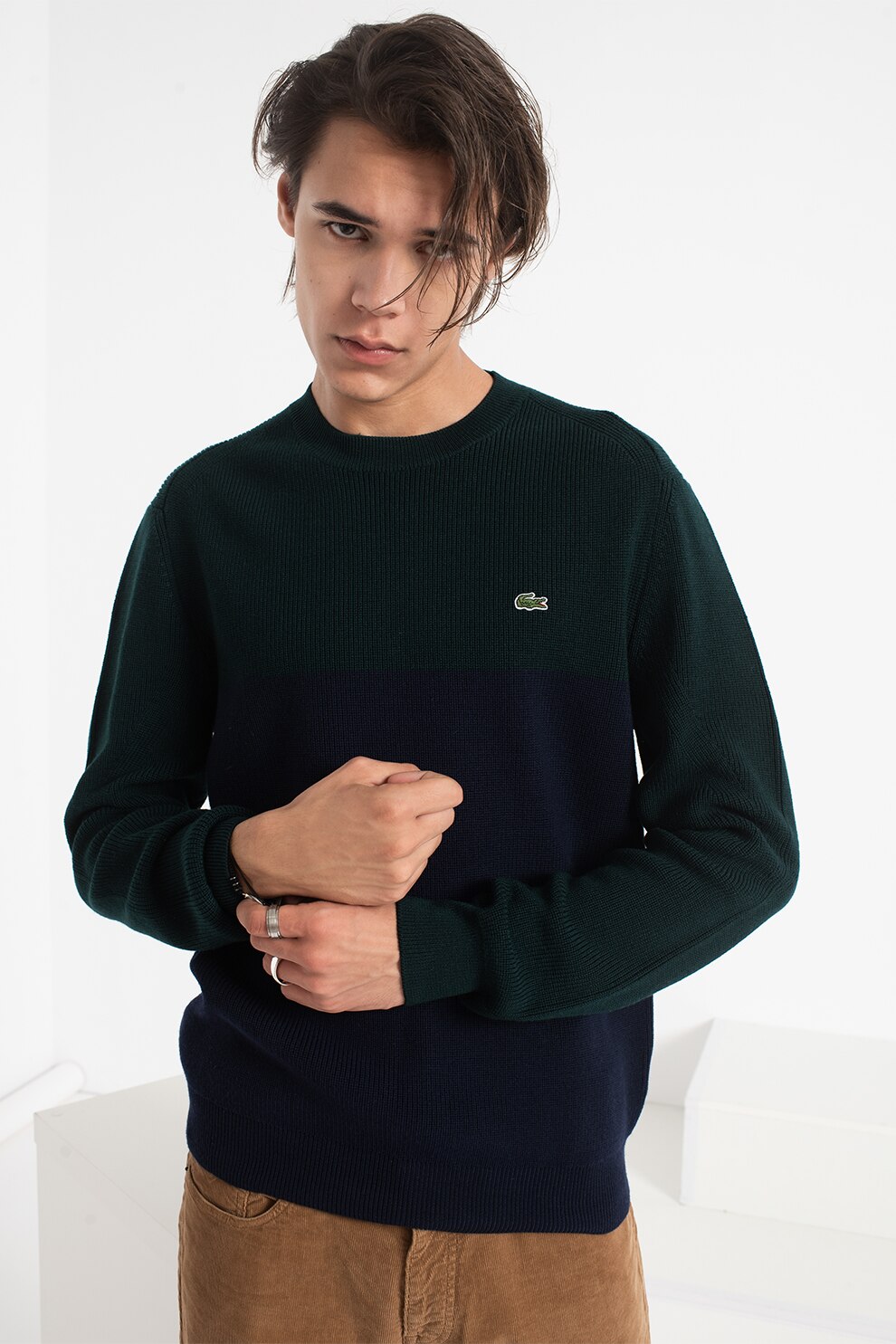 Lacoste, Pulover de lana cu model colorblock, Verde englez/Bleumarin, 3XL