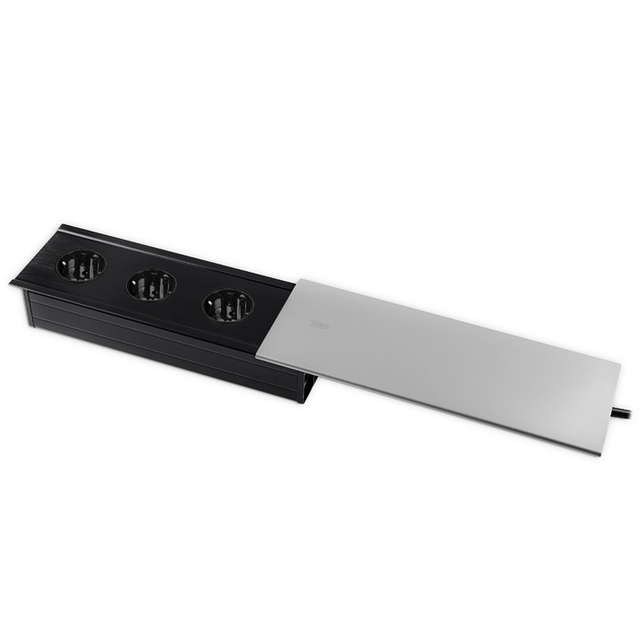 Priza tripla Incorporabila cu Capac de Aluminiu, Spacetronik, SPS-S33S, Negru/Argintiu