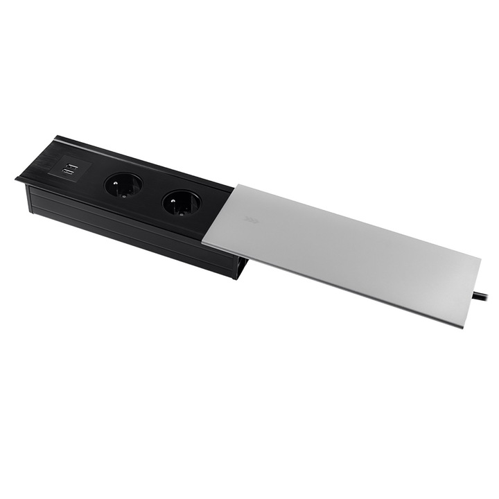 Priza dubla cu Capac de Aluminiu, Spacetronik, SPS-S24S, Port USB Dublu, Negru/Argintiu