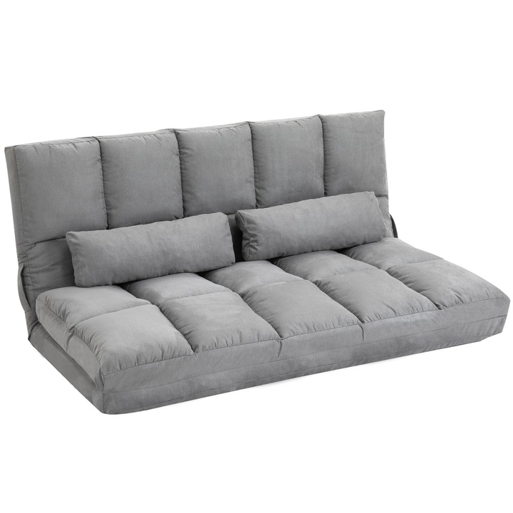 Сгъваем разтегателен диван HOMCOM, 130 x 73 x 60 см, Естествена кожа / Пяна, Светло сиво