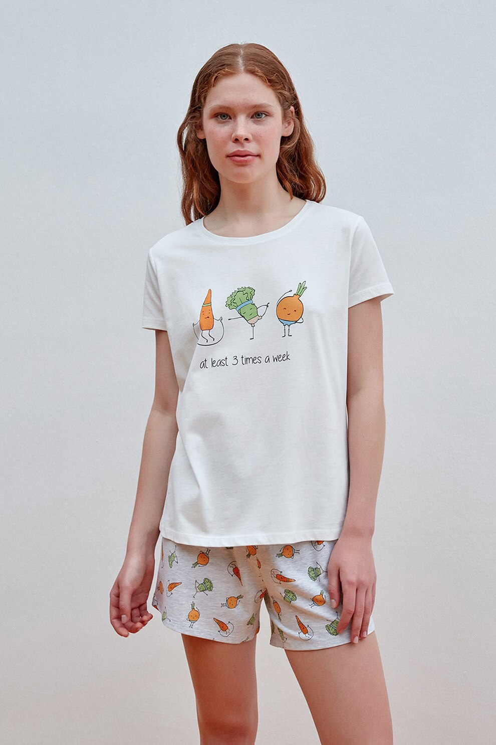 Penti, Pijama cu pantaloni scurti, din amestec de bumbac, cu imprimeu, Alb/Oranj/Gri