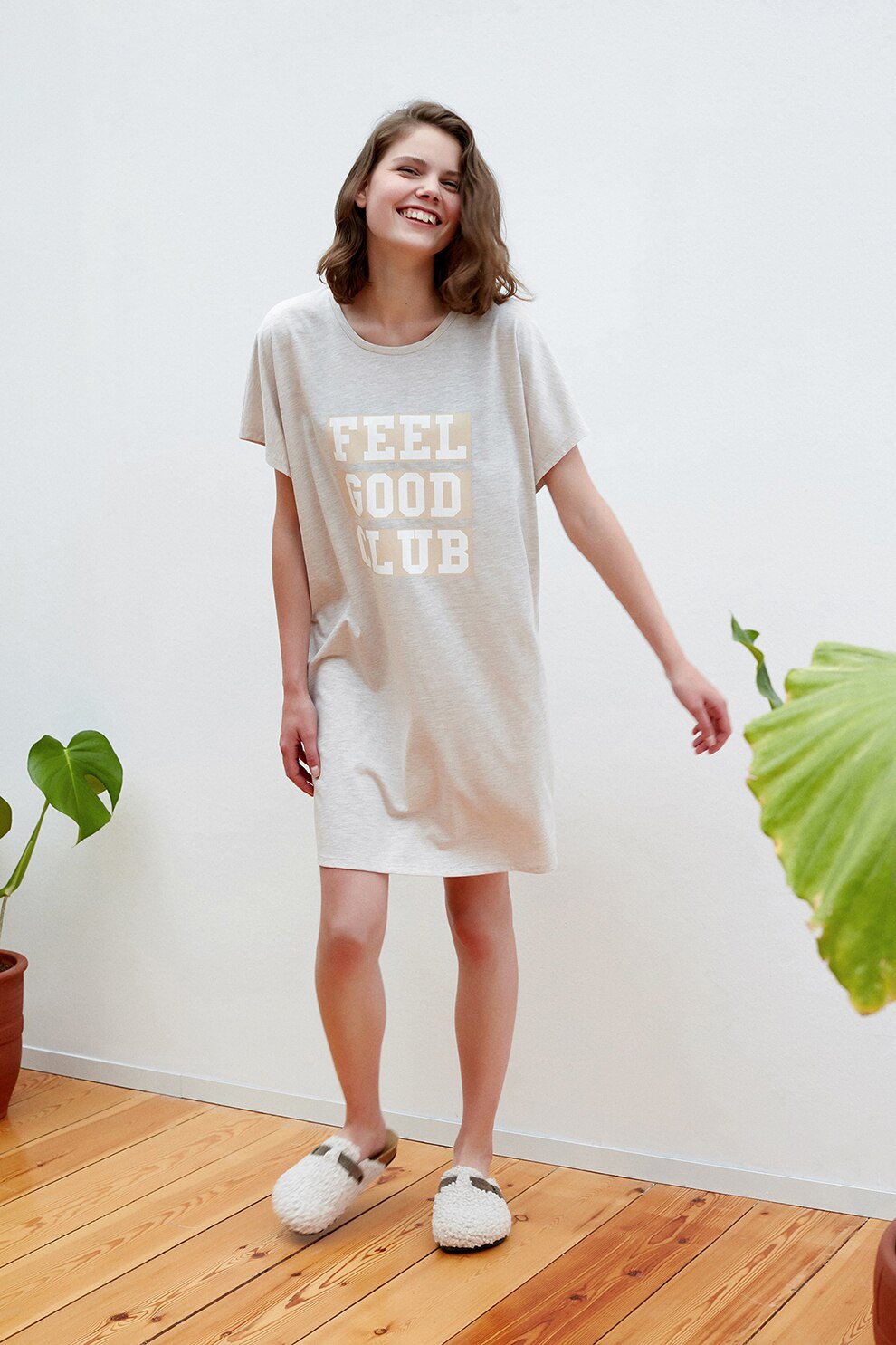 Penti, Camasa de noapte cu imprimeu text, Gri deschis melange