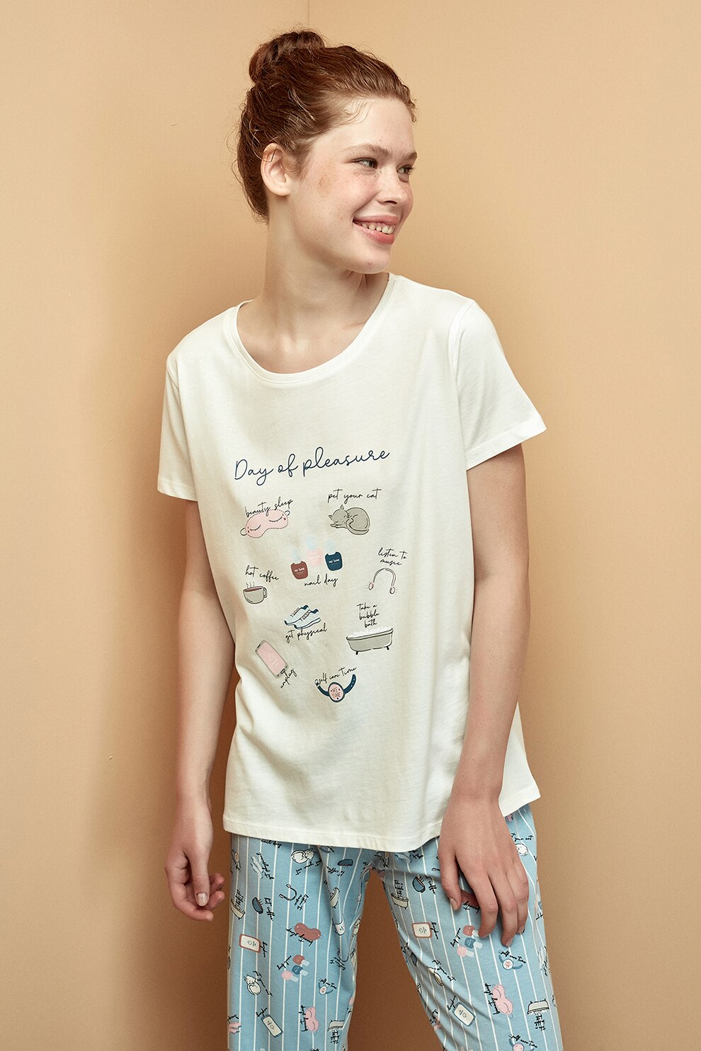 Penti, Pijama din amestec de bumbac cu imprimeu, alb prafuit, albastru aqua, roz