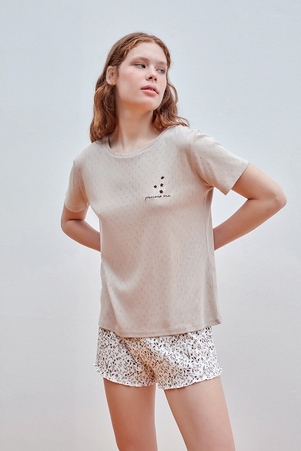 Penti, Bluza de pijama cu detalii brodate, maro nisip, alb