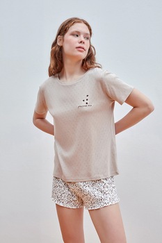 Penti, Bluza de pijama cu detalii brodate, maro nisip, alb Penti, Bluza de pijama cu detalii brodate, maro nisip, alb