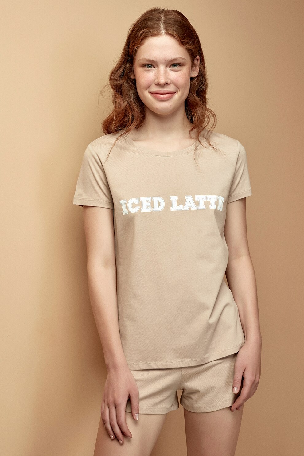 Penti, Pijama de bumbac cu imprimeu text, Maro nisip