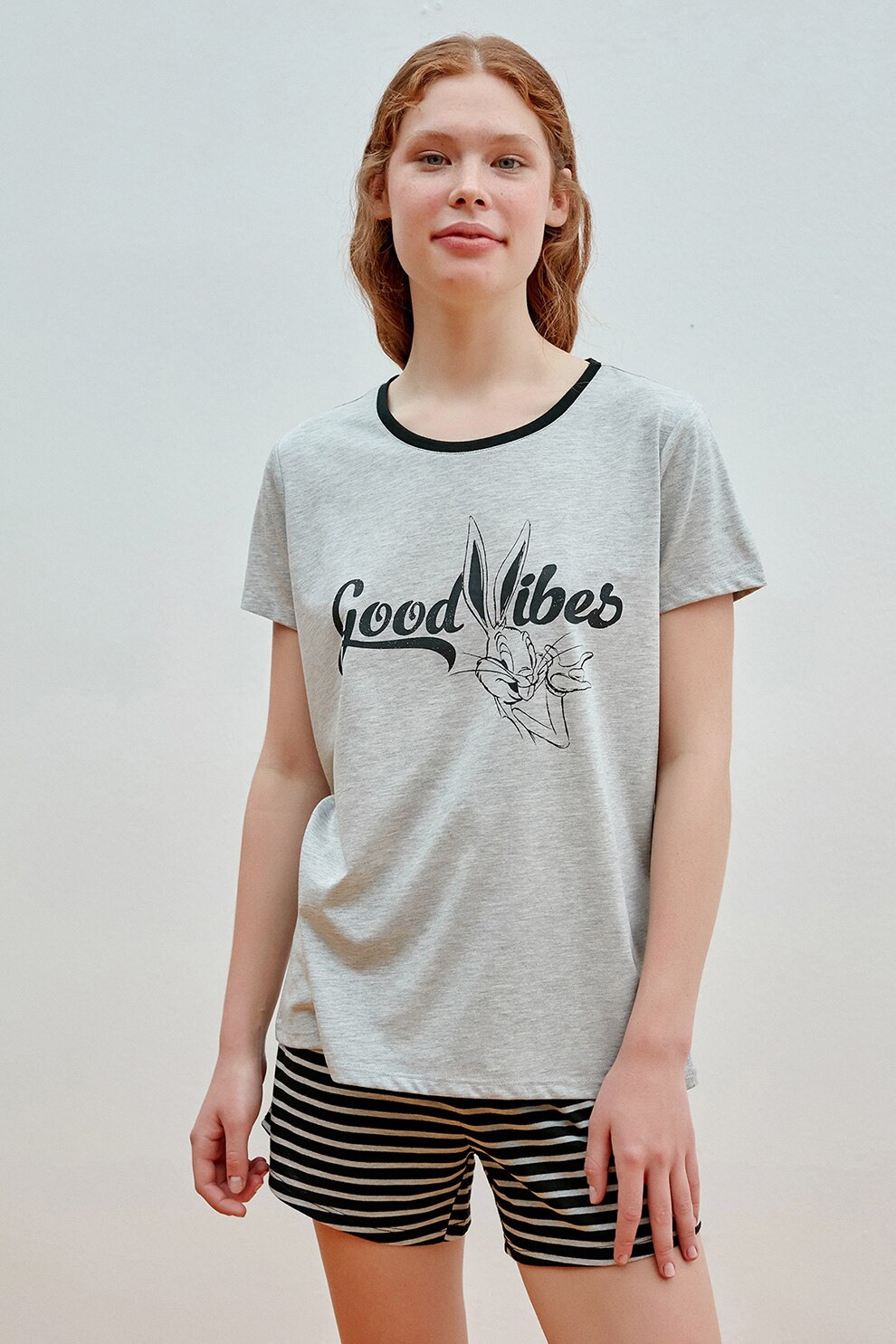 Penti, Pijama cu pantaloni scurti din amestec de bumbac cu imprimeu, Gri melange/Negru