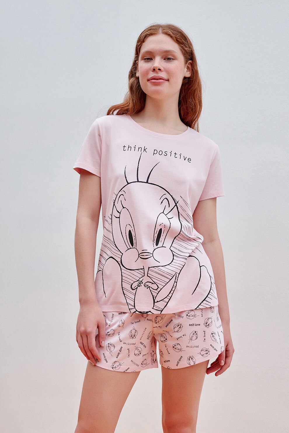 Penti, Pijama cu pantaloni scurti cu imprimeu, Roz/Negru