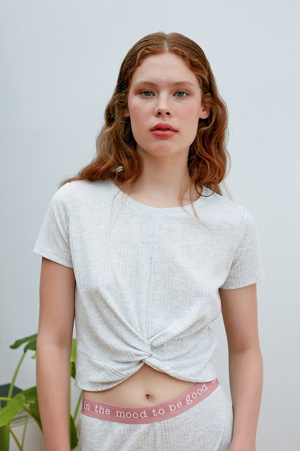 Penti, Tricou crop de pijama cu aspect rasucit, Gri deschis melange