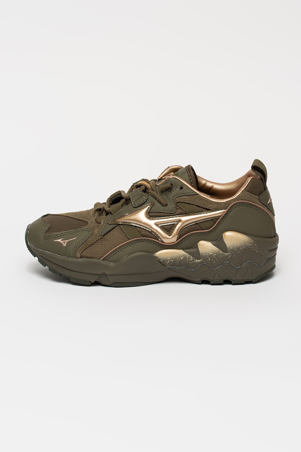 Mizuno, Pantofi sport unisex cu garnituri metalizate Wave Rider 1 Tech, Verde militar/Maro bronz