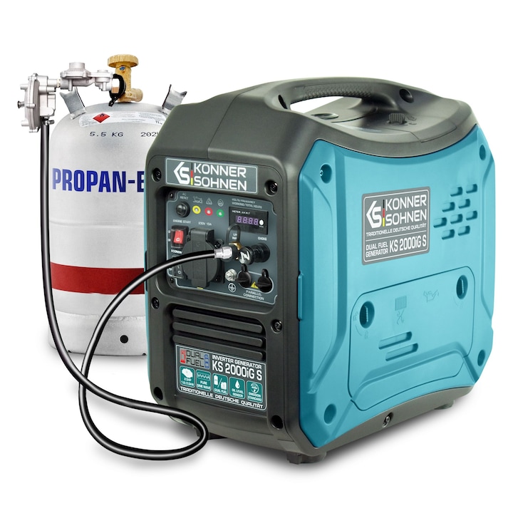 Generator curent electric hibrid de tip invertor Könner&Söhnen KS 2000iG S, 2000 W, 2.5 CP, 230 V, pornire manuala, model motor KS 100i, prize 1 х 16 А, 4 l GPL/benzina