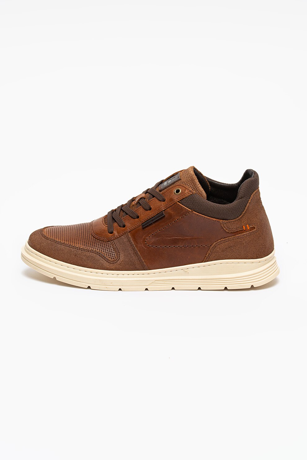 Bullboxer, Pantofi sport de piele cu insertii de material textil, Maro coniac/Maro inchis