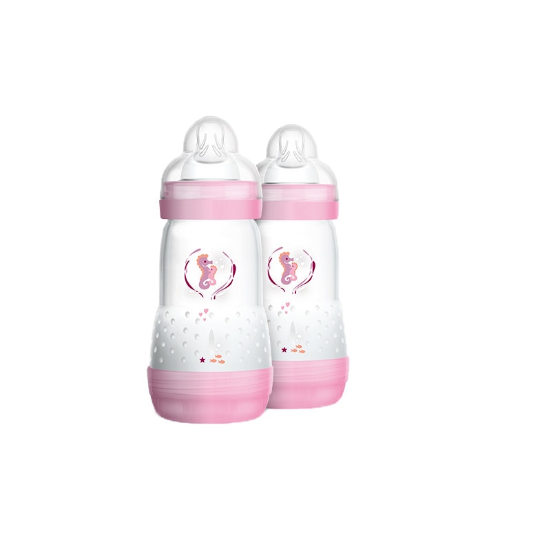Set 2 biberoane din polipropilena cu tetine din silicon 260 ml 2+ luni MAM Anti Colic 721595, Roz 2+ luni