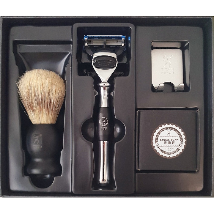 Titan borotválkozási ajándékkészlet, Fusion borotva 5, Pamatuf, állvány, borotvaszappan