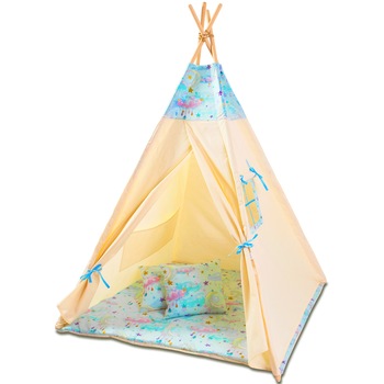 Cort copii stil indian Teepee Tent Kidizi Blue Moon, include covoras gros si 2 perne