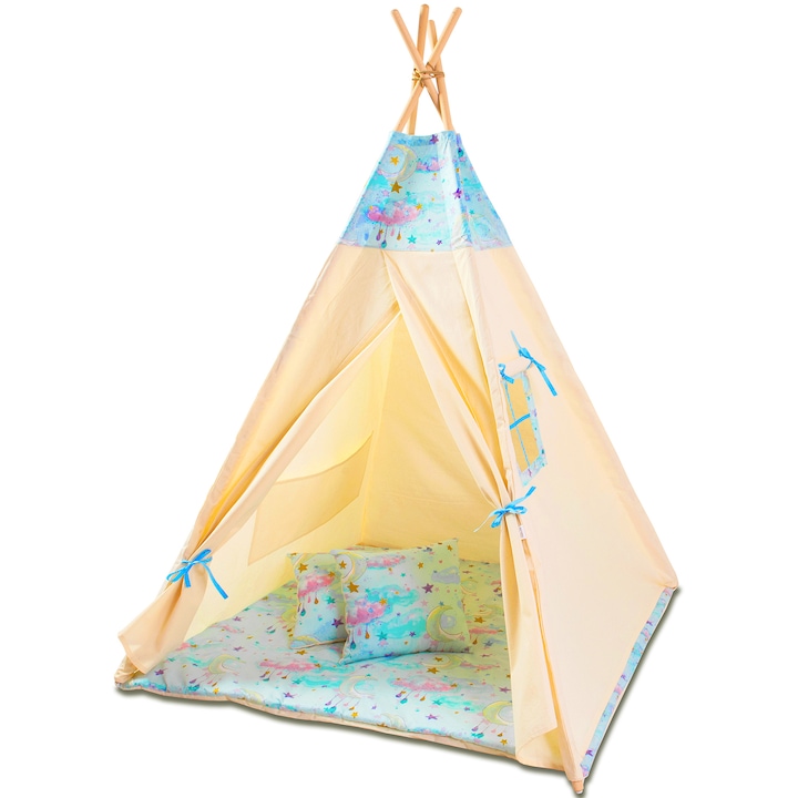 Cort copii stil indian Teepee Tent Kidizi Blue Moon, include covoras gros, 2 perne si stabilizator