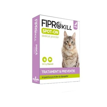 Solutie Antiparazitara, Fiprokill Spot 0n Cat 50mg, 3 pipete Solutie Antiparazitara, Fiprokill Spot 0n Cat 50mg, 3 pipete