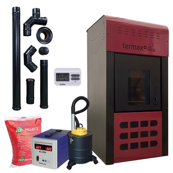 Pachet termosemineu pe peleti Termax ECO, 25 kW, cu agent termic, complet echipat, 160 mp, bordeaux Pachet termosemineu pe peleti Termax ECO, 25 kW, cu agent termic, complet echipat, 160 mp, bordeaux