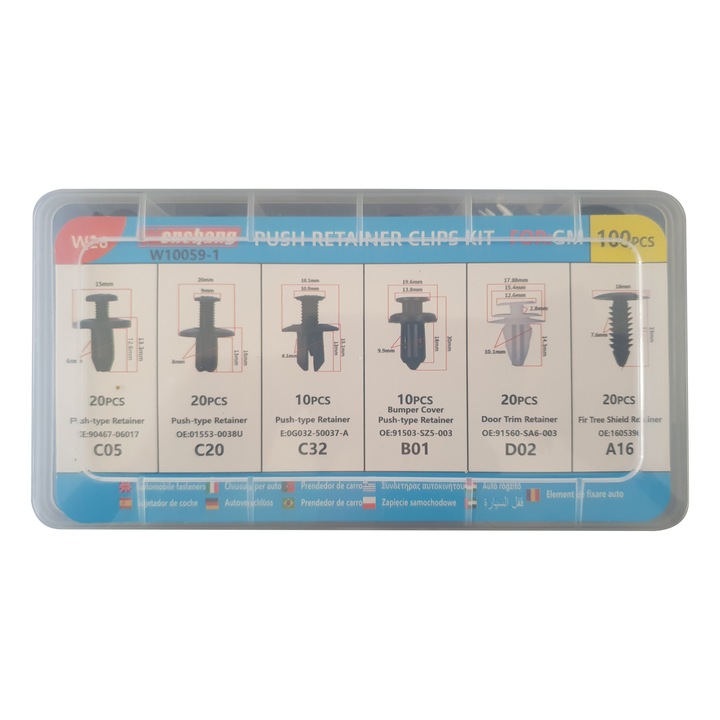 Set 100 clipsuri/cleme auto, Universale, 6 dimensiuni, cutie de depozitare