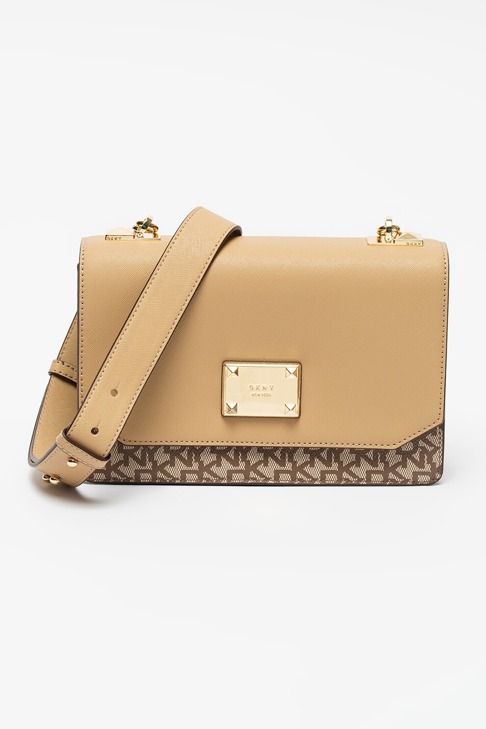 DKNY, Geanta crossbody de piele ecologica cu clapa Perla, Maro camel/Auriu