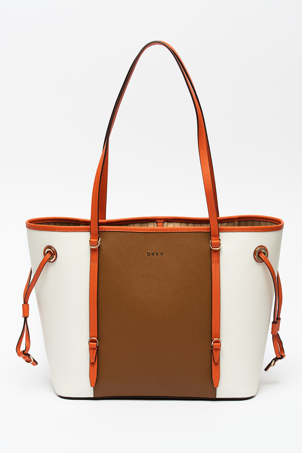 DKNY, Geanta shopper de piele ecologica Patricia, maro, roz corai, alb prafuit