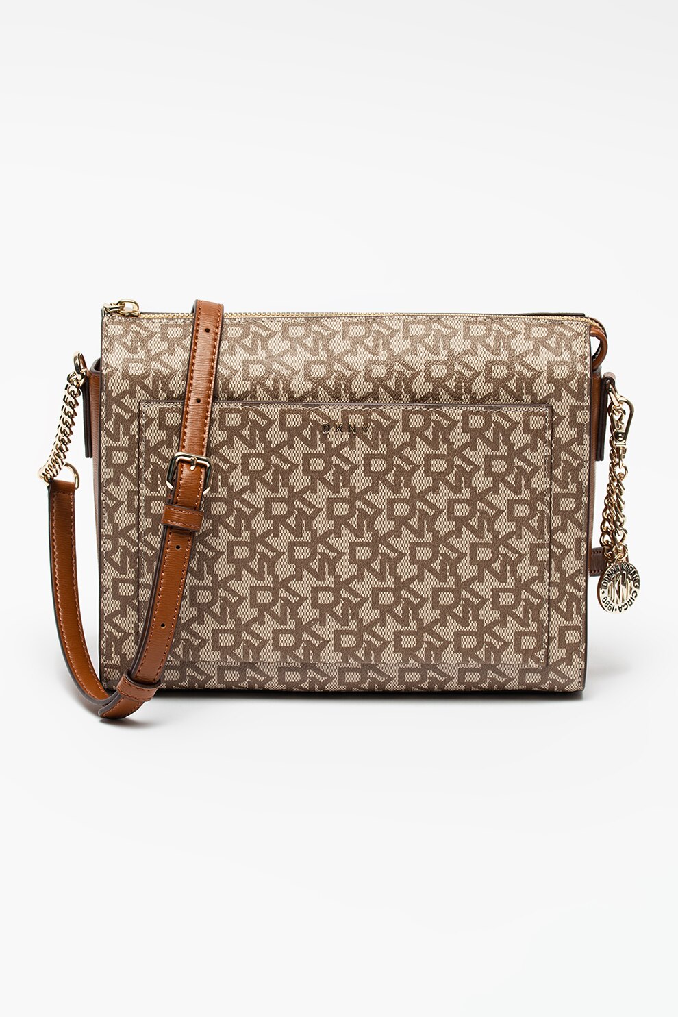 DKNY, Geanta crossbody de piele ecologica Bryant, maro caramel, maro camel, auriu