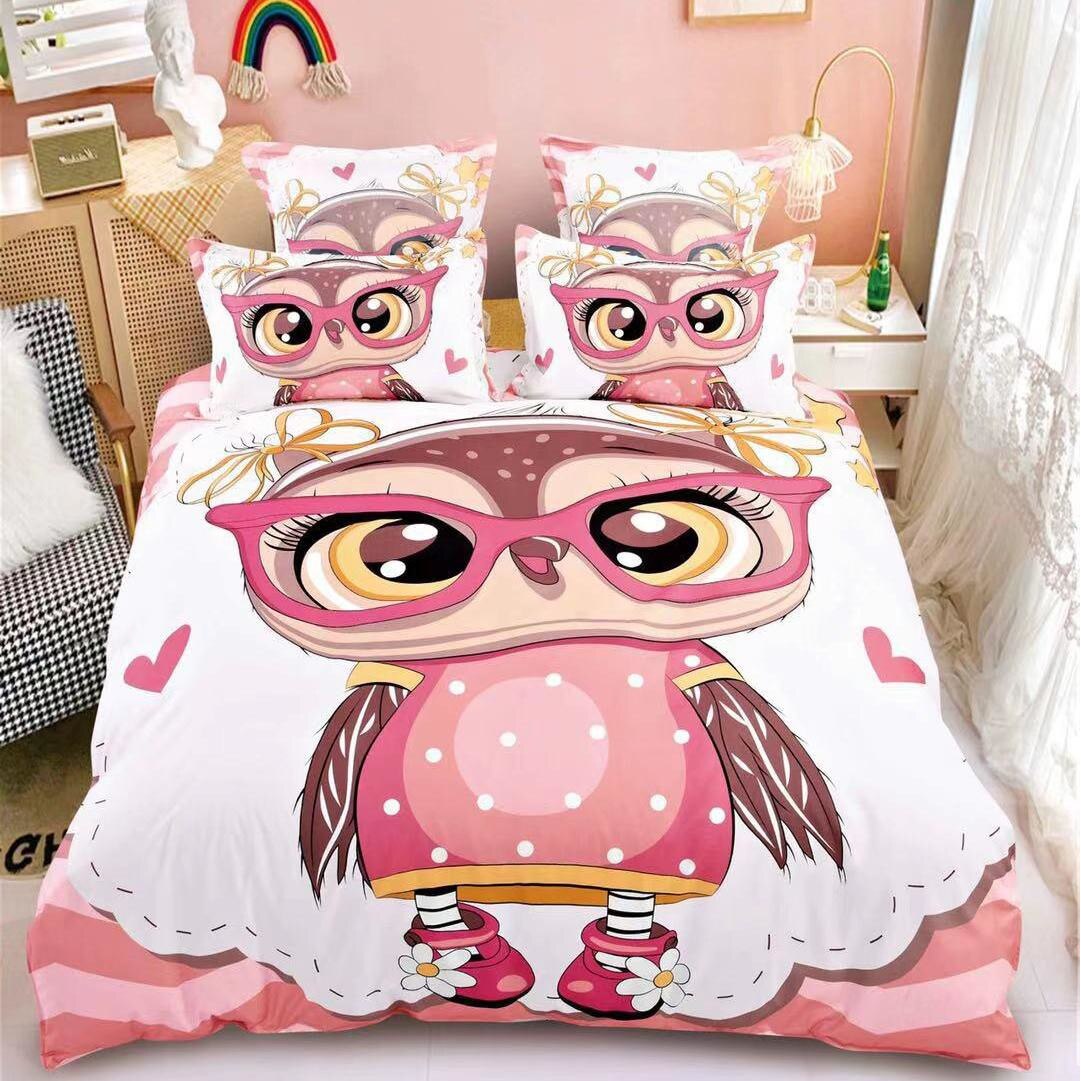 Set 6 piese Lenjerie de pat Lux Bufnita, CumparaMisim, 2 persoane, bumbac, multicolor