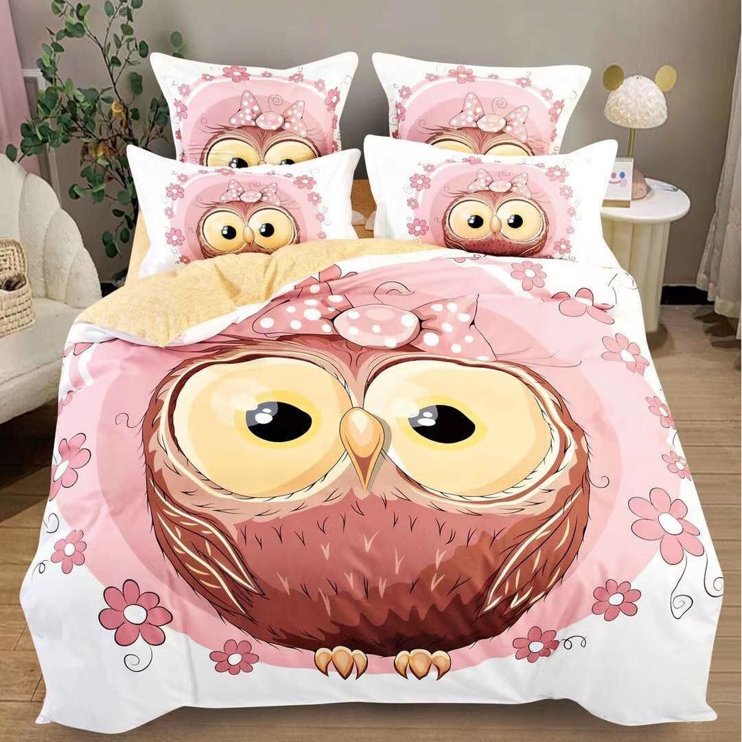 Set 6 piese Lenjerie de pat Lux Bufnita, floricele, CumparaMisim, 2 persoane, bumbac, multicolor