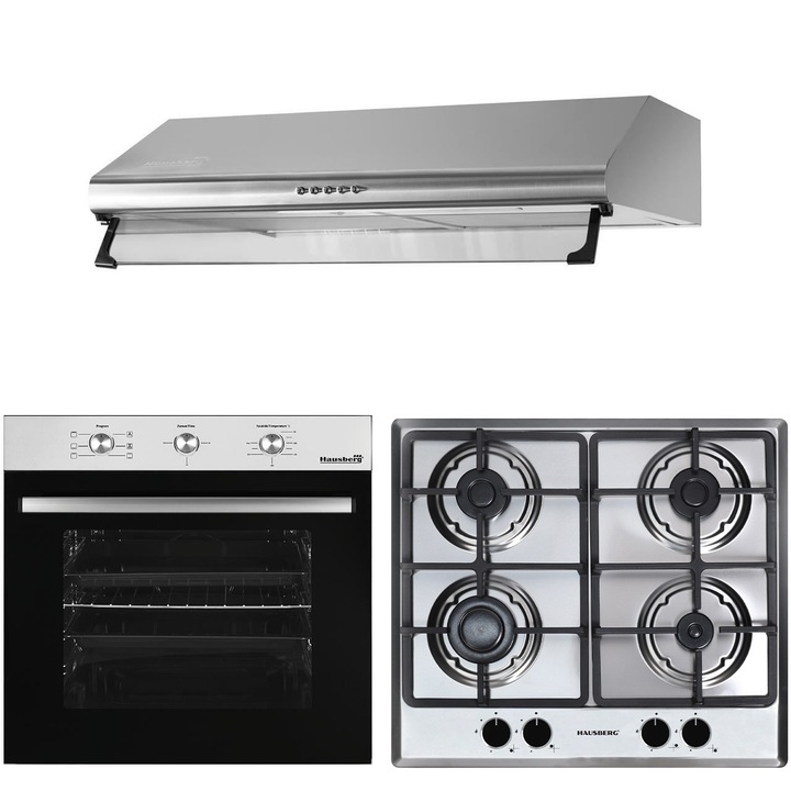Pachet incorporabil Hausberg Cuptor electric HB-8053, Clasa A, 71L, 2225W, Negru/Inox, Plita Incorporabila HB-555, 4 arzatoare, Gaz, Inox, Hota incorporabila decorativa HB-1220, Putere de absorbtie 450 m3/h, 2 motoare, 60 cm, Inox