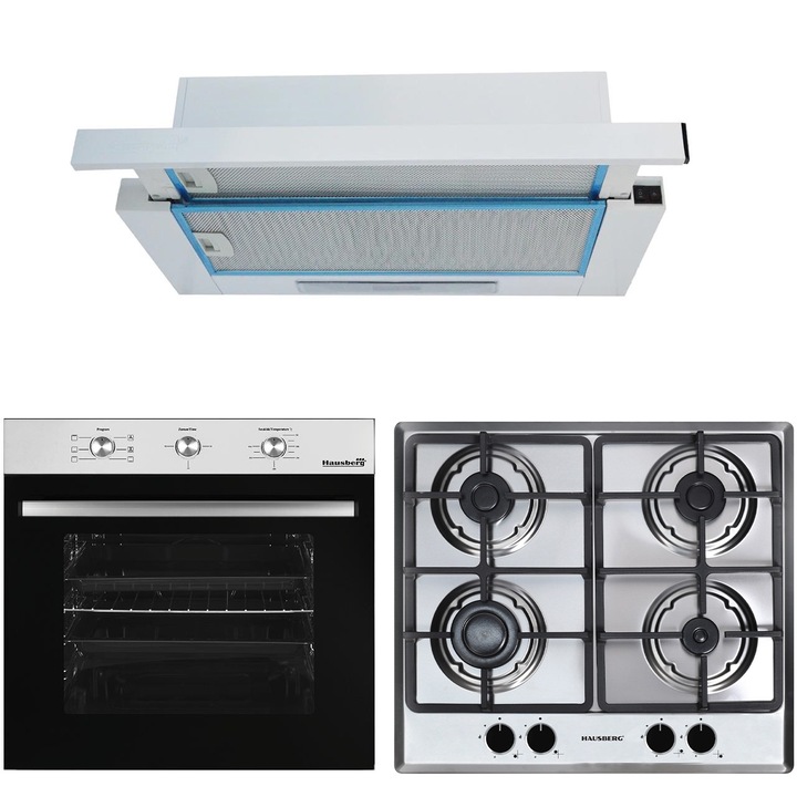 Pachet incorporabil Cuptor electric Hausberg HB-8053, Clasa A, 71L, 2225W, Negru/Inox, Plita Incorporabila HB-555, 4 arzatoare, Gaz, Inox, Hota incorporabila telescopica HB-1280, Putere de absorbtie 280 m3/h, 1 motor, 60 cm, Alb
