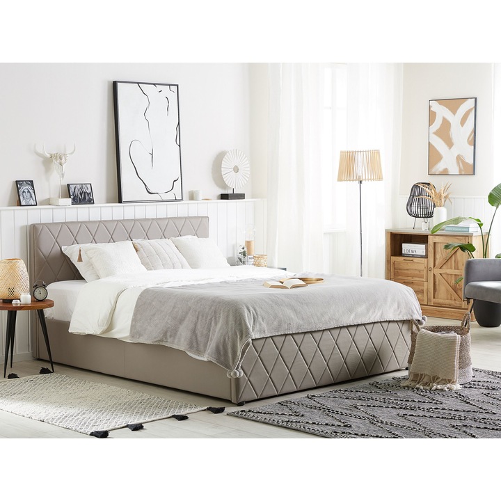 Tópszínű műbőr ágyneműtartós franciaágy 160 x 200 cm ROCHEFORT