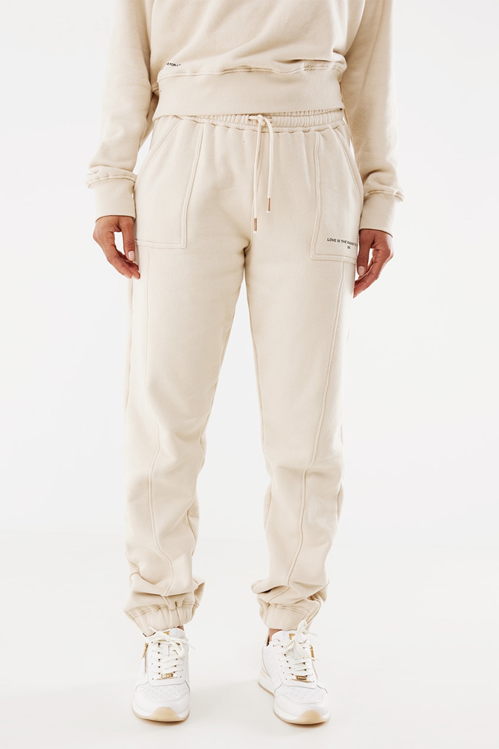 Mexx, Pantaloni sport din amestec de bumbac cu imprimeu logo, Alb fildes