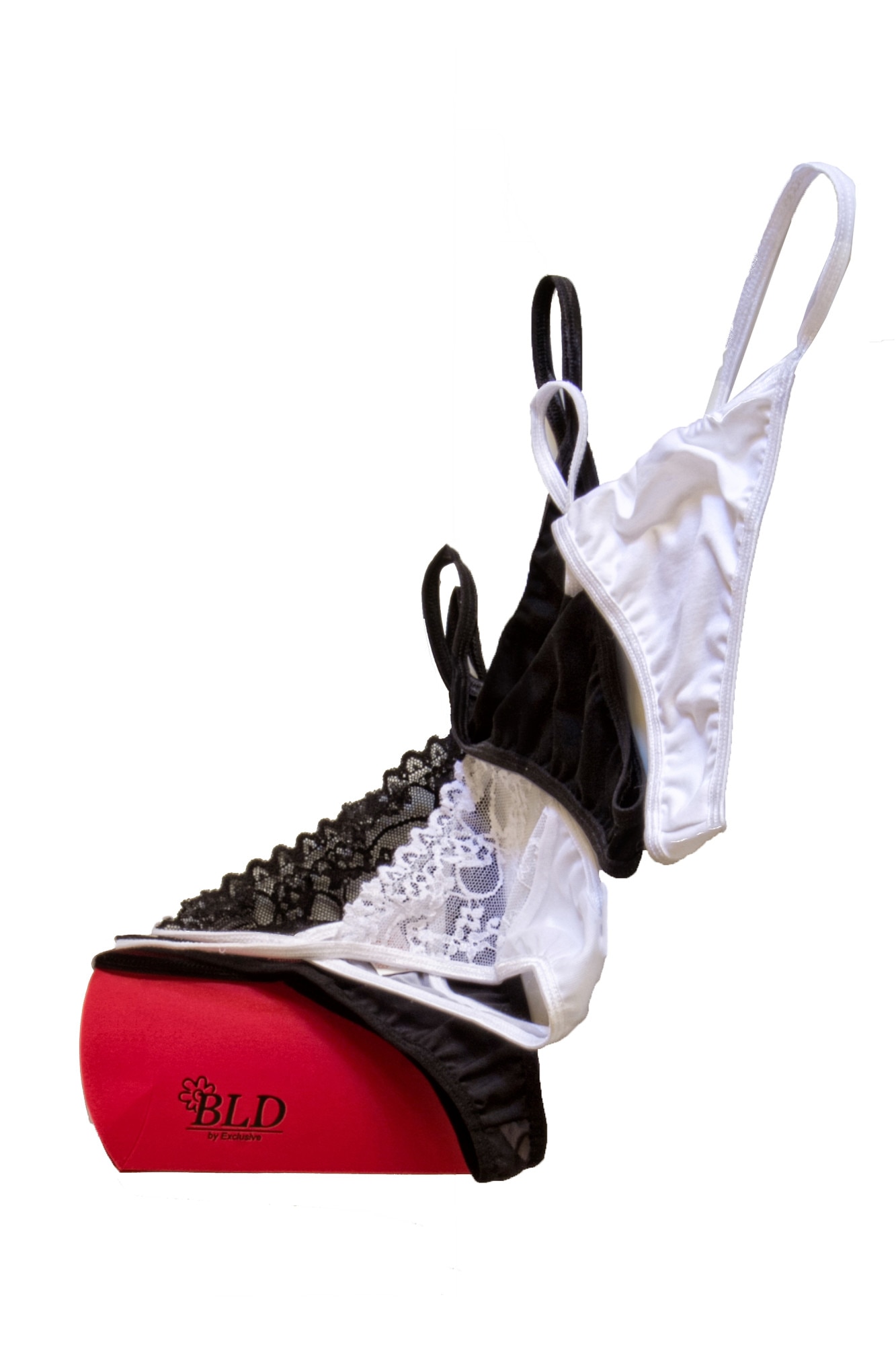 Set cutie cadou,4 buc chilot tanga, alb, negru, microfibra, dantela FANTAZIA, BLD by Exclusive, Multicolor