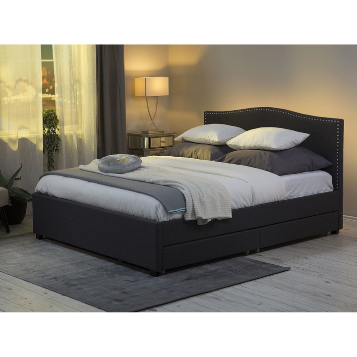 Szürke kárpitozott ágyneműtartós franciaágy fehér LED világítással 180 x 200 cm MONTPELLIER