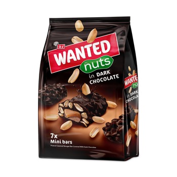 Mini batoane cu ciocolata neagra si arahide Wanted Nuts, 140g Mini batoane cu ciocolata neagra si arahide Wanted Nuts, 140g
