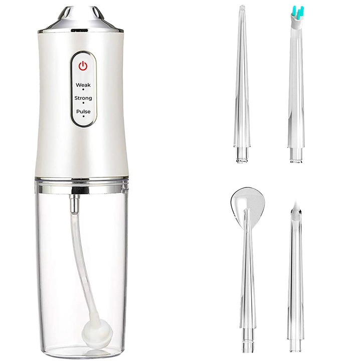 Орален иригатор за вода за уста, awwaline®, ултра-преносим, 4 почистващи глави, резервоар 220 ml, бял