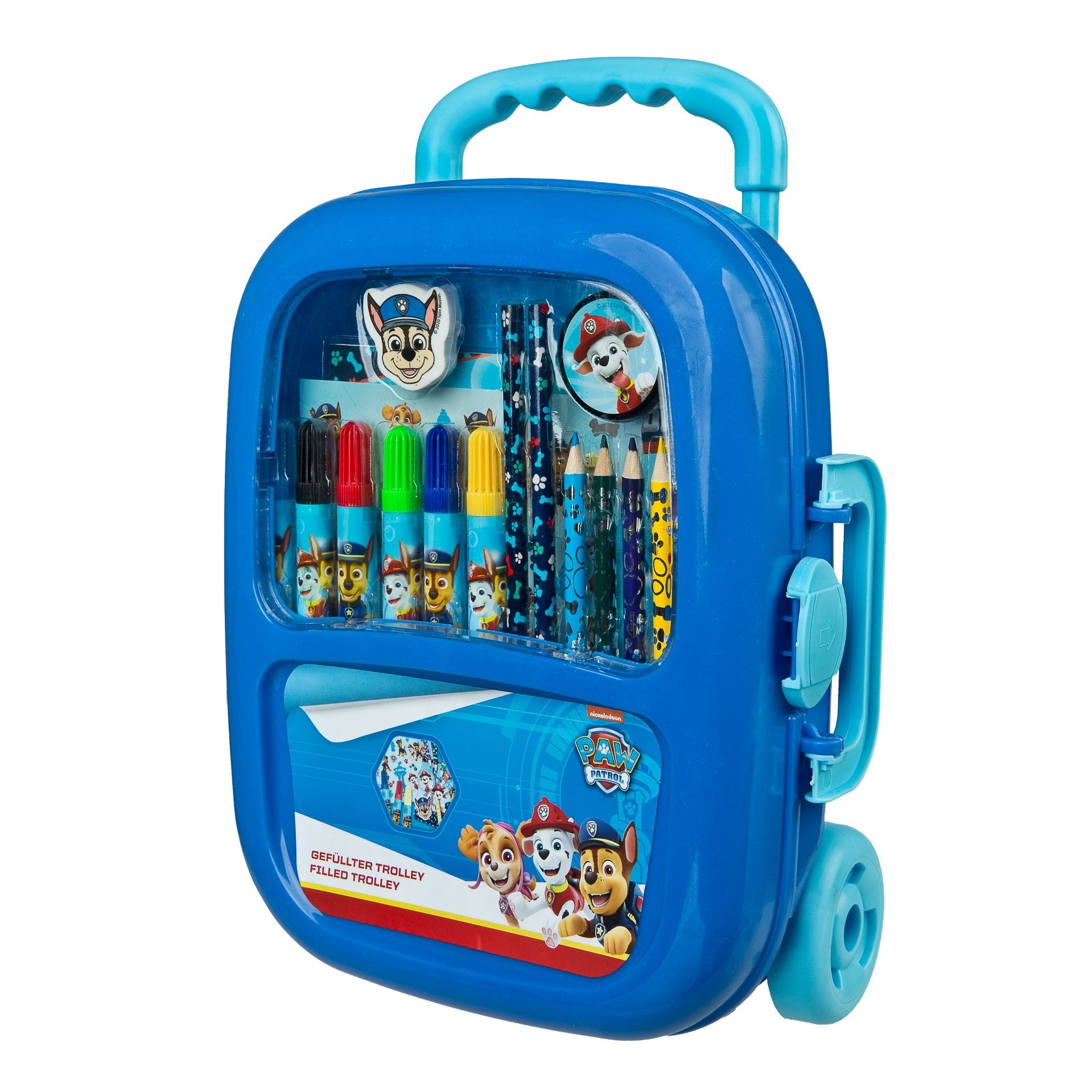 Troler copii Paw Patrol, din plastic, echipat cu accesorii pentru desen, inlatime 26 cm