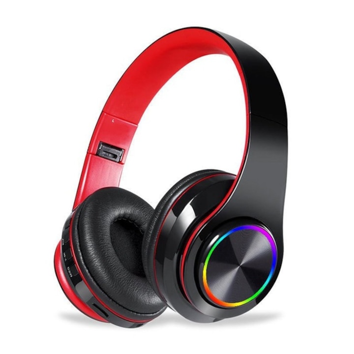 DacEnergy füles fejhallgató, vezeték nélküli, Bluetooth 5.0 / MP3 kártya, plug-in, HI-FI hang, kihangosító hívás, ergonómikus kialakítás, fekete / piros