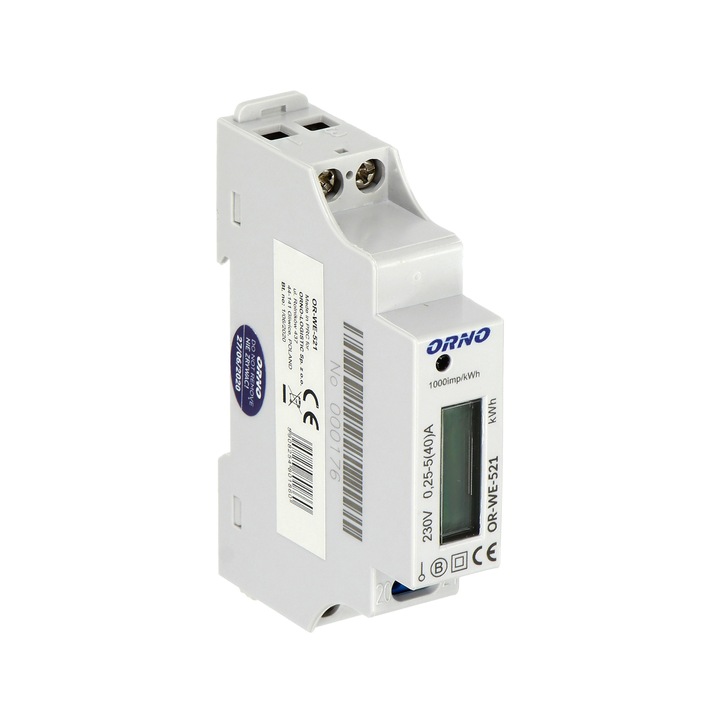 ORNO OR-WE-521 Egyfázisú mérőóra, 40 A, MID minősítés, 230 V, B mérési osztály, impulzusfrekvencia 1000 imp/kWh, IP51, fehér