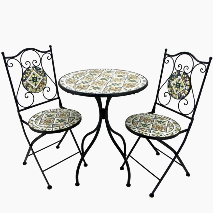 Unrelenting type Shetland Set 2 scaune si masa din mozaic cu cadru de fier, ceramica,  interior/exterior terasa/gradina modern, pliabile, negru-multicolor, buz -  eMAG.ro