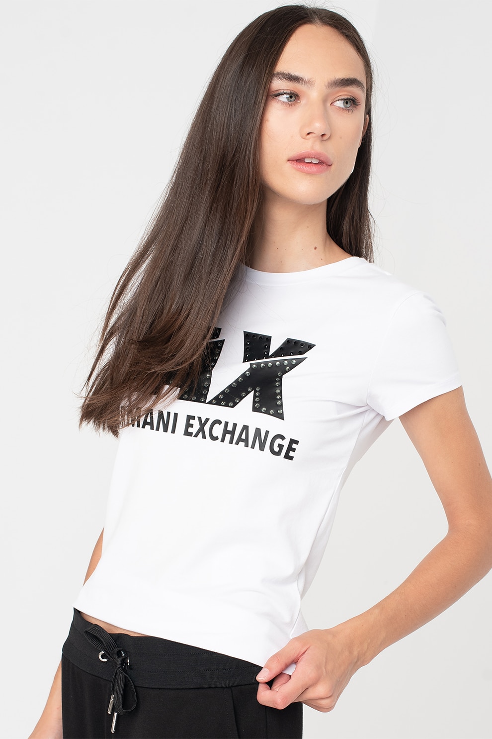 ARMANI EXCHANGE, Tricou slim fit cu logo si strasuri, Negru, Alb optic, L