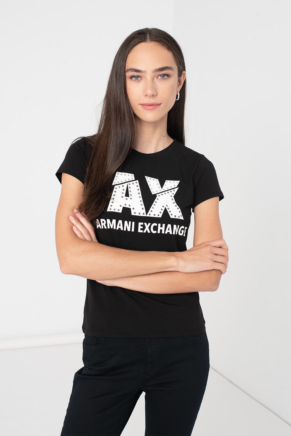 ARMANI EXCHANGE, Tricou slim fit cu logo si strasuri, Alb, Negru, M